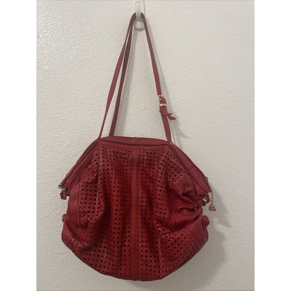 Vtg Korean Brio Rare Leather Handbag Red Shoulder Bag Gathered 2 Strap Purse